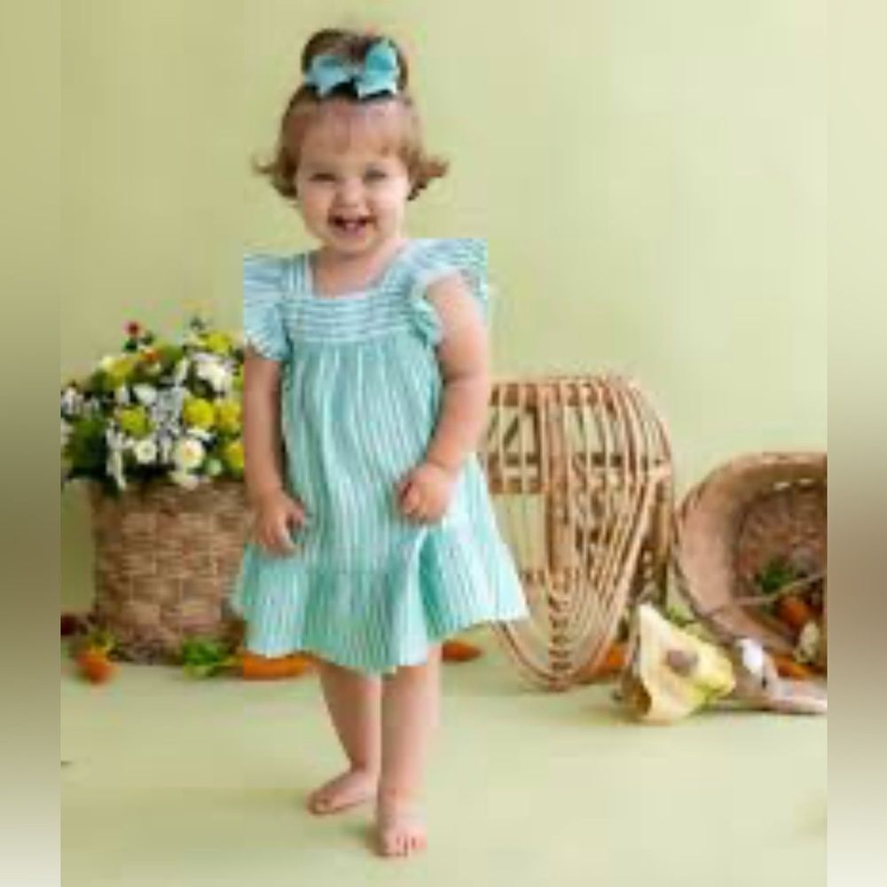 Zara Green White Striped Ruffle Square Neck Sleeveless Casual Cotton Dress 4-5Y